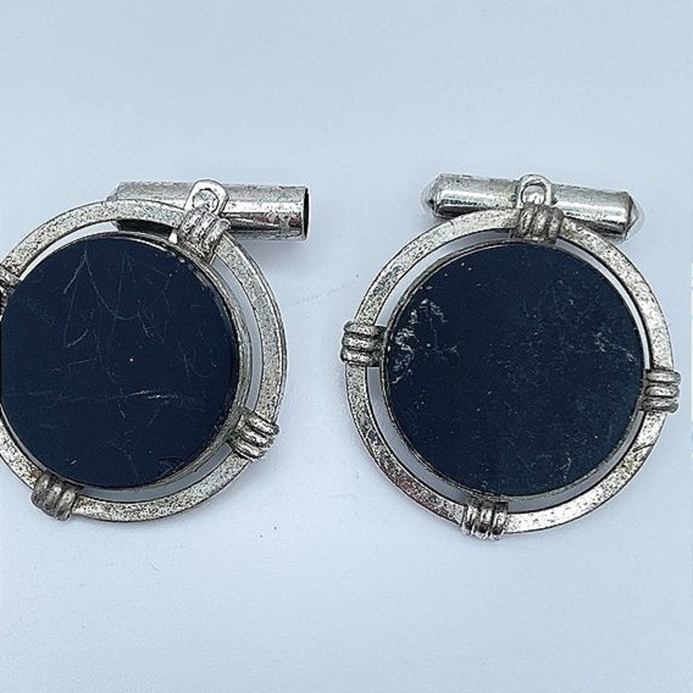 Vintage 80s Black Onyx Cufflinks Silver Tone Round Art Deco‎ Swivel Jewelry